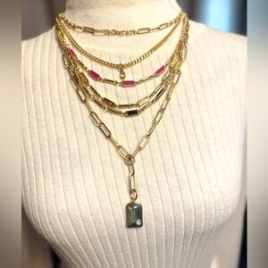 NWOT WHBM Gold tone multi layer necklace with multi colored stones (black pink)